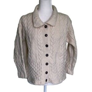 Carraig Donn Merino Wool Women's Cable Knit Cardigan Fisherman Cottagecore Sz Lg